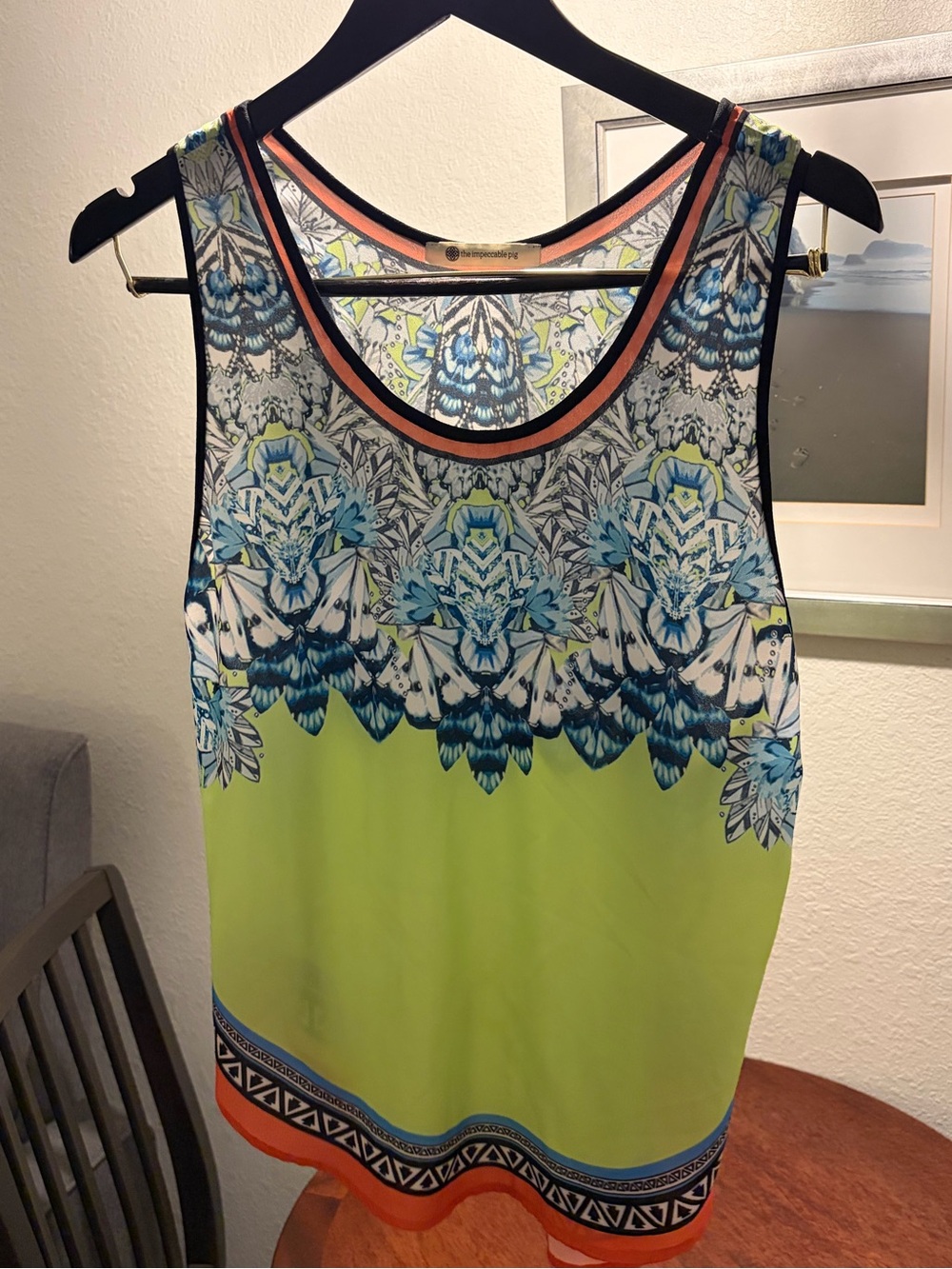 The Impeccable Pig Lime Green & Blue Floral-Print Tank Top with Orange Trim